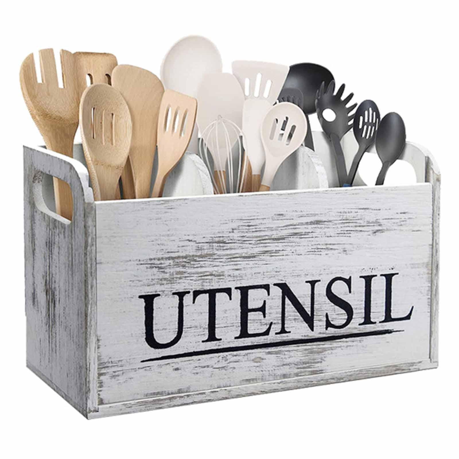 Fiocias White Wooden Utensil Holder with 3 Compartments Cutlery Holder Utensil Organizer