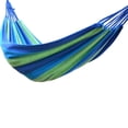 thumbnail image 4 of Hamaca de camping doble portátil con 2 correas de amarre, hamaca de tela a rayas de colores para interior y exterior, color azul, 4 of 10