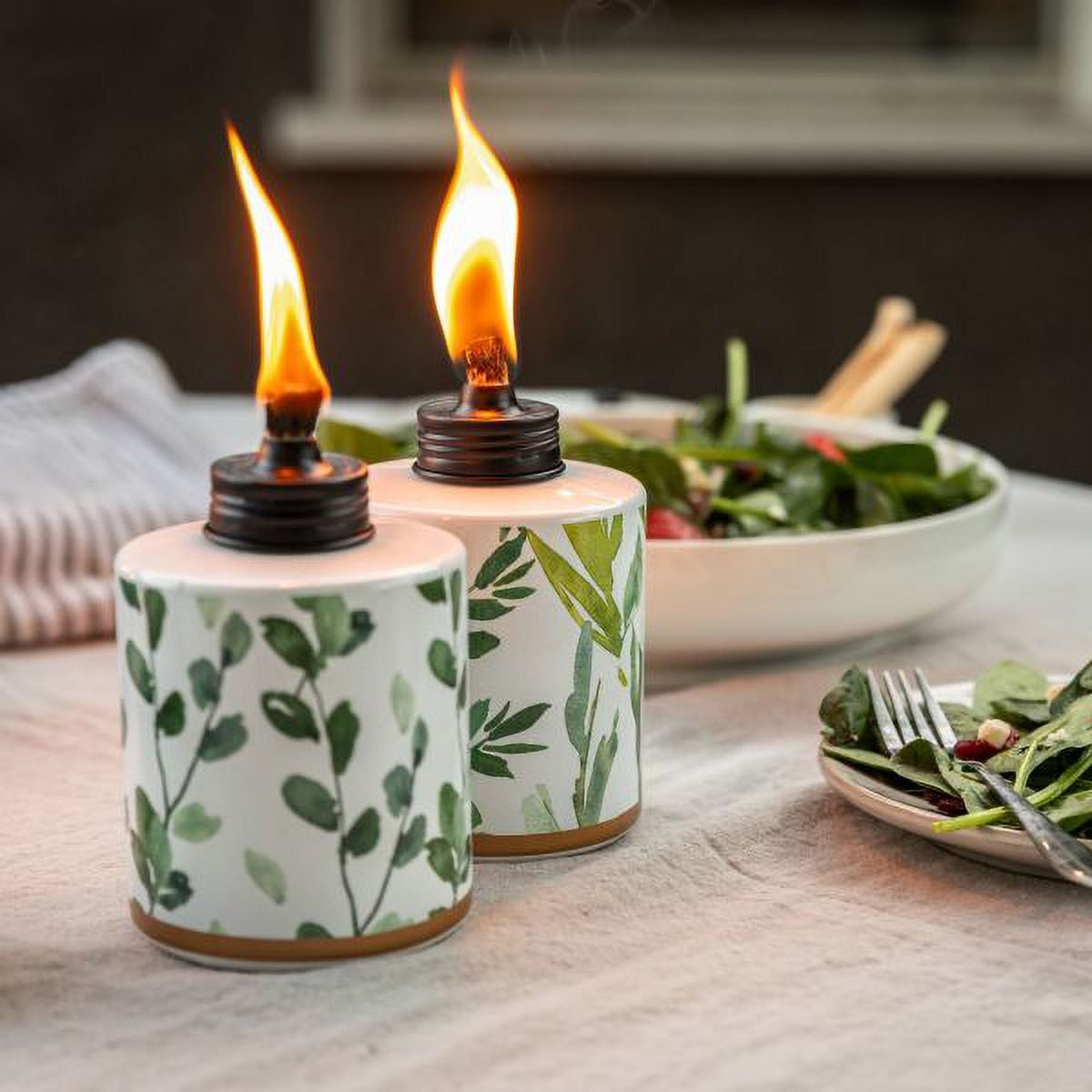 TIKI 5.44" Greenery Glass Tabletop Torch – Green & White Decorative Citronella Torch for Patio, Garden & Outdoor Lighting