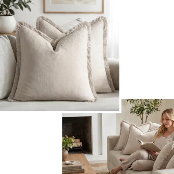 Set of 2 20x20 Pillow Covers Neutral Linen Fringe Decorative Throw Pillow Covers, Decorative Pillows Couch Pillows Decorative Pillows for Bed, Boho Farmhouse Cushion Covers for Sofa Bedroom Decor