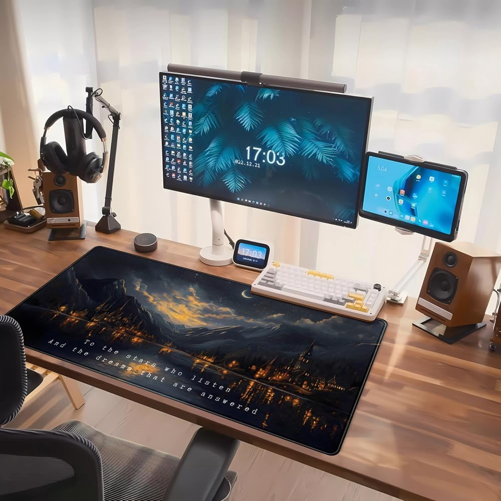 Starry Night Mountain Desk Pad Mat Moon Oil Painting XXL Black Mouse Pad for Gaming Deskpad, Aesthetic Moon and Stars Mousepad Xxl for Laptop Computer Mouse Game Keyboard Mat, 31.5 X 15.8 In