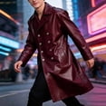 thumbnail image 2 of Busydd Men's Leather Jacket Fashion Double Breasted Buttons Long Sleeve Trench Coat Casual Solid Color Long Jackets XL, 2 of 9