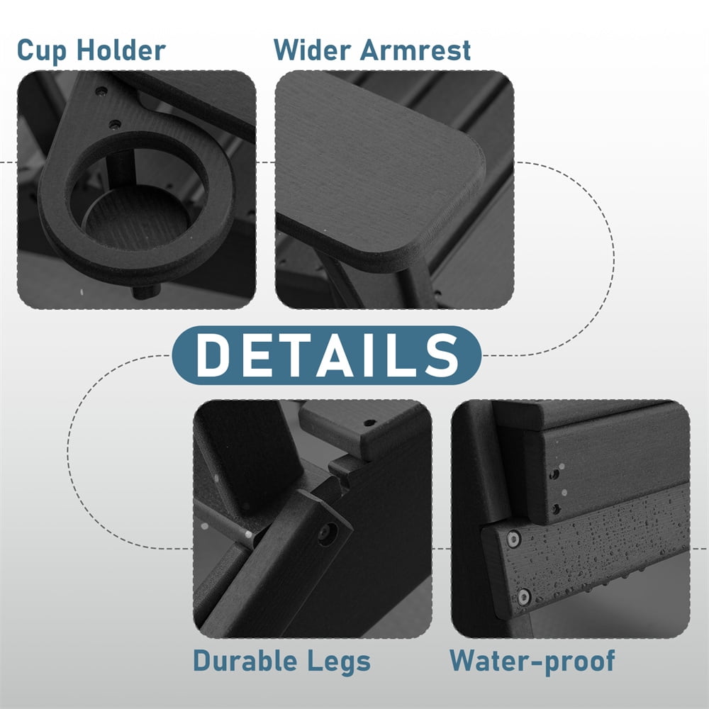 HDPE Folding Adirondack Chair with Cup Holder,Weather-Resistant, Low Maintenance,Supports up to 400lbs,Black