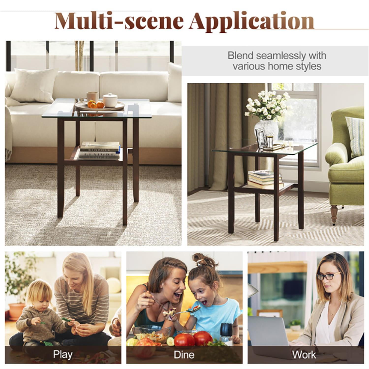 Demi Bonn 2-Tier Square Glass Coffee Table, Dining Center Tables with Storage Shelf for Living Room, Bedroom, Office and Balcony, Brown