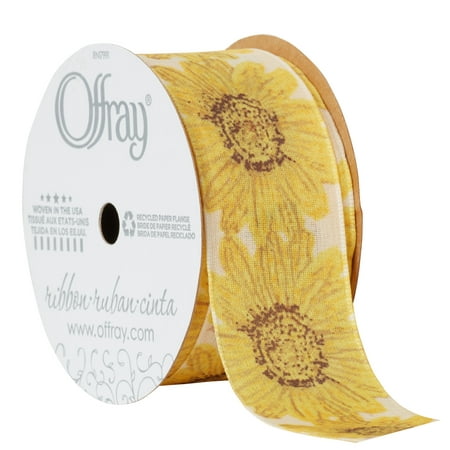 Offray Ribbon, Ivory 1 1/2 inch Sunflower Woven Ribbon for Sewing, Crafts, and Gifting, 9 feet, 1 Each