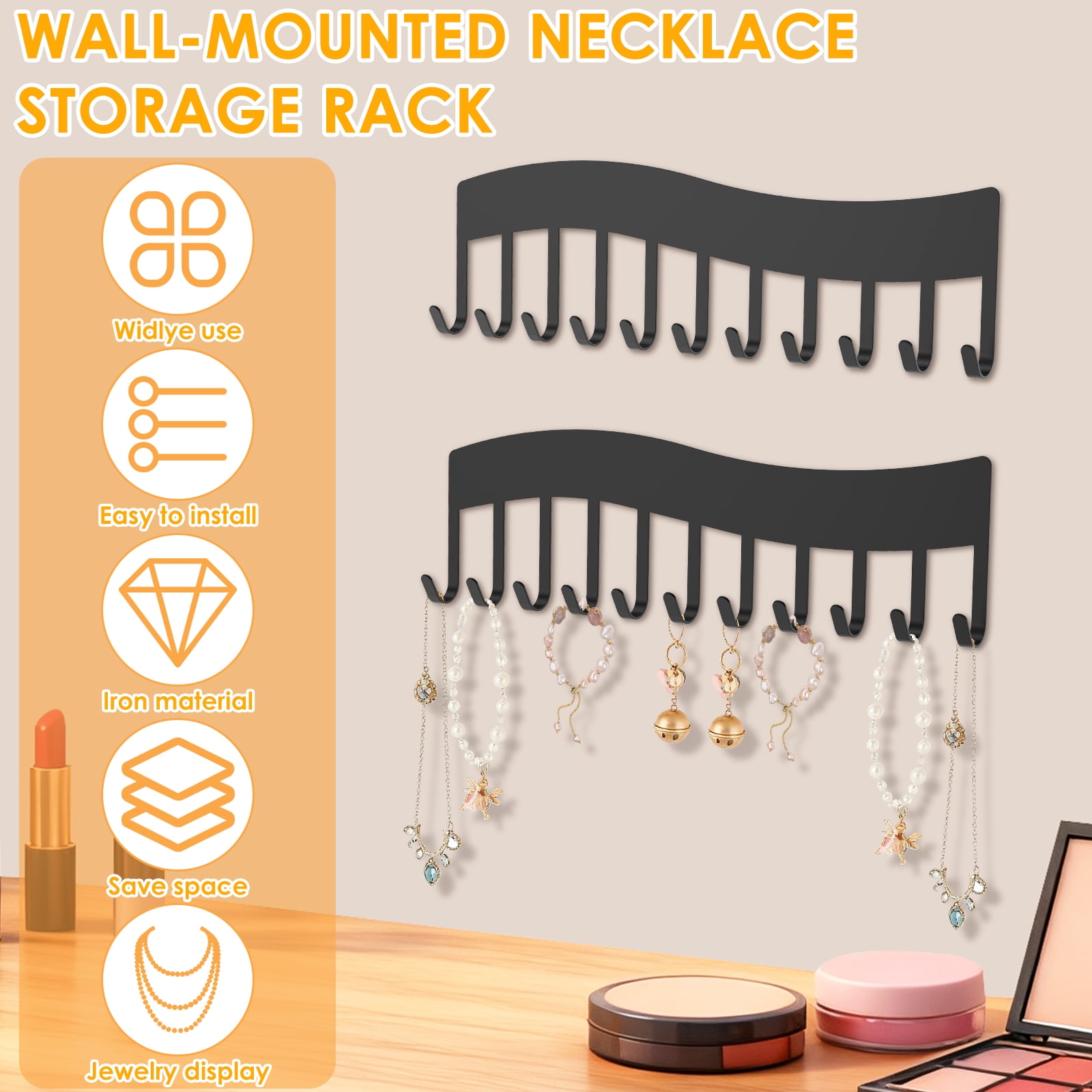 Wall Mounted Necklace Organizer Metal Jewelry Display Hanging Holder 4 Pcs (black )