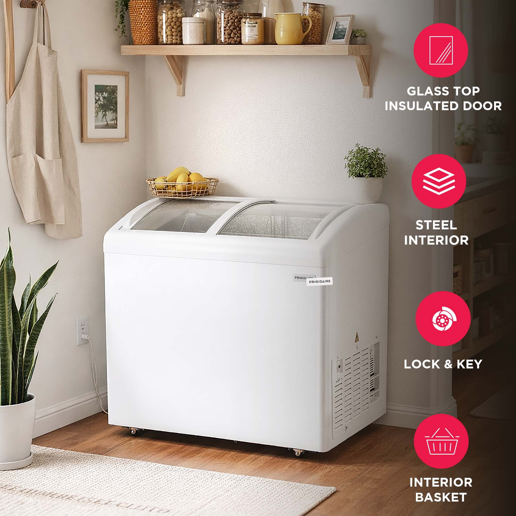 Frigidaire 6.7 Cu. ft. Curved Glass Top Display Freezer, 2 Door Convertible Freezer Refrigerator with Lockable Glass Door and Wheels, White