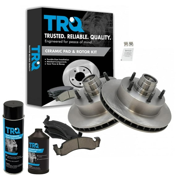 TRQ Front Ceramic Brake Pad Kit w/Fluids & Rotor for Ford F150 4X2 2WD E150 Van BKA16457 Fits select: 1987-1993 FORD ECONOLINE