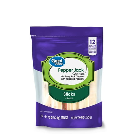 Great Value Pepper Jack Cheese Snack, 9 oz Bag, 12 Cheese Sticks