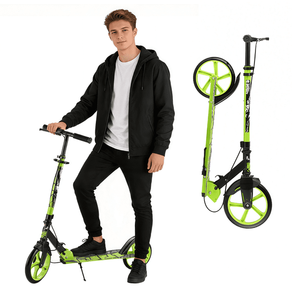 Wheelive Kick Scooter for Ages 6 , Foldable 3-Level Adjustable Scooter for Kids, Teens & Adults, 9-Inch Big Wheels, Max Load 220 lbs, with Kickstand, Green