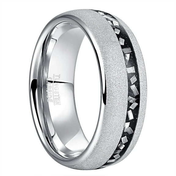 JQUEEN Black Tungsten Rings for Men Silver Meteorite Inlay 8mm Wedding Bands Sand Blasted Finish Comfort Fit Size 7-12