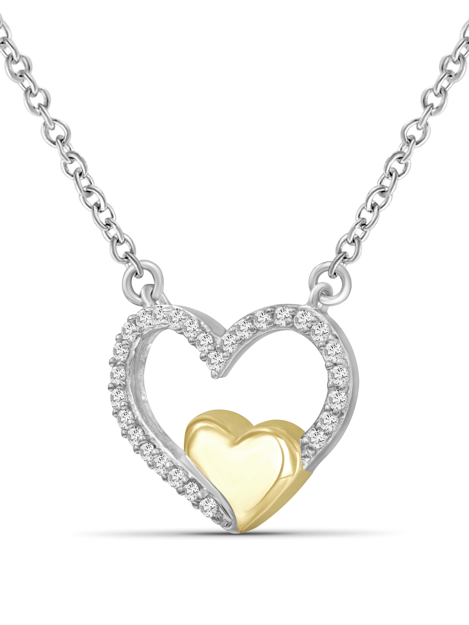 JewelersClub Two Tone Sterling Silver (.925) Heart Necklace with 0.15 Carat White Diamonds | Jewelry Pendant Necklaces for Women White Diamonds & 18 inch Rope Chain with Spring Clasp