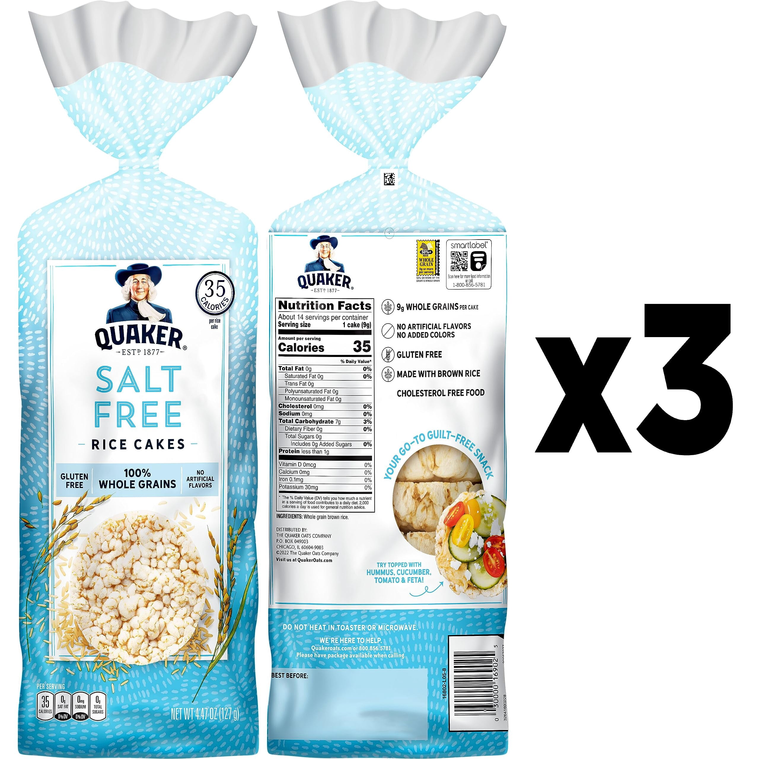 Quaker Large Rice Cakes, AIF4&nbsp;Salt Free, 8.53 Ounce (Pack of 3)