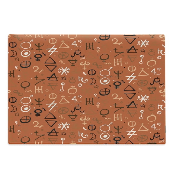 Occult Cutting Board, Diverse Western Aztec Alchemy over Colorful Backdrop Powers Work of Art, Decorative Tempered Glass Cutting and Serving Board, Large Size, Red, by Ambesonne