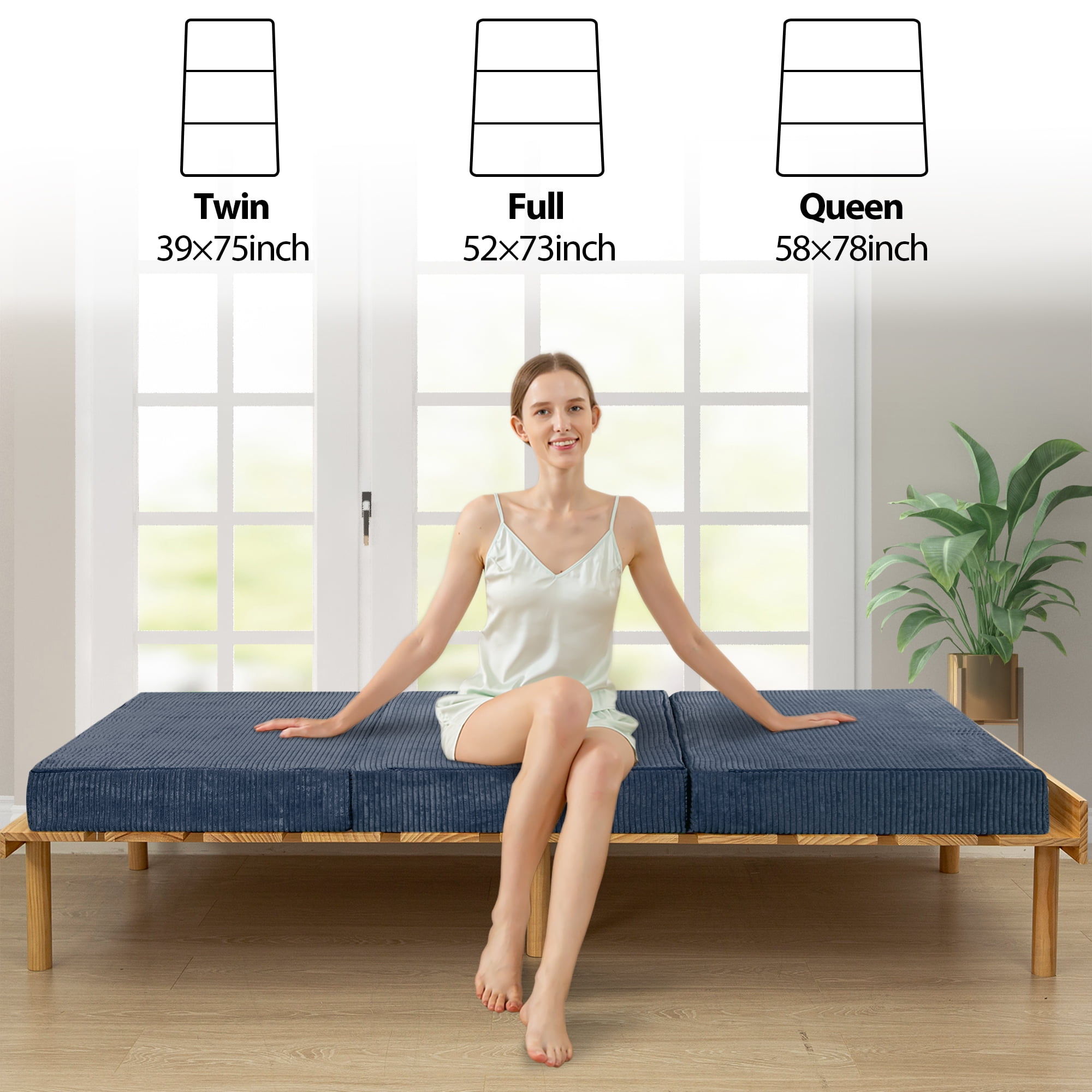 MAXYOYO 6 inch Folding Corduroy Mattress, Tri Fold Floor Mattress thick with Washable Cover,Foldable in Three,Space-Saving for Guest (Blue, Full)