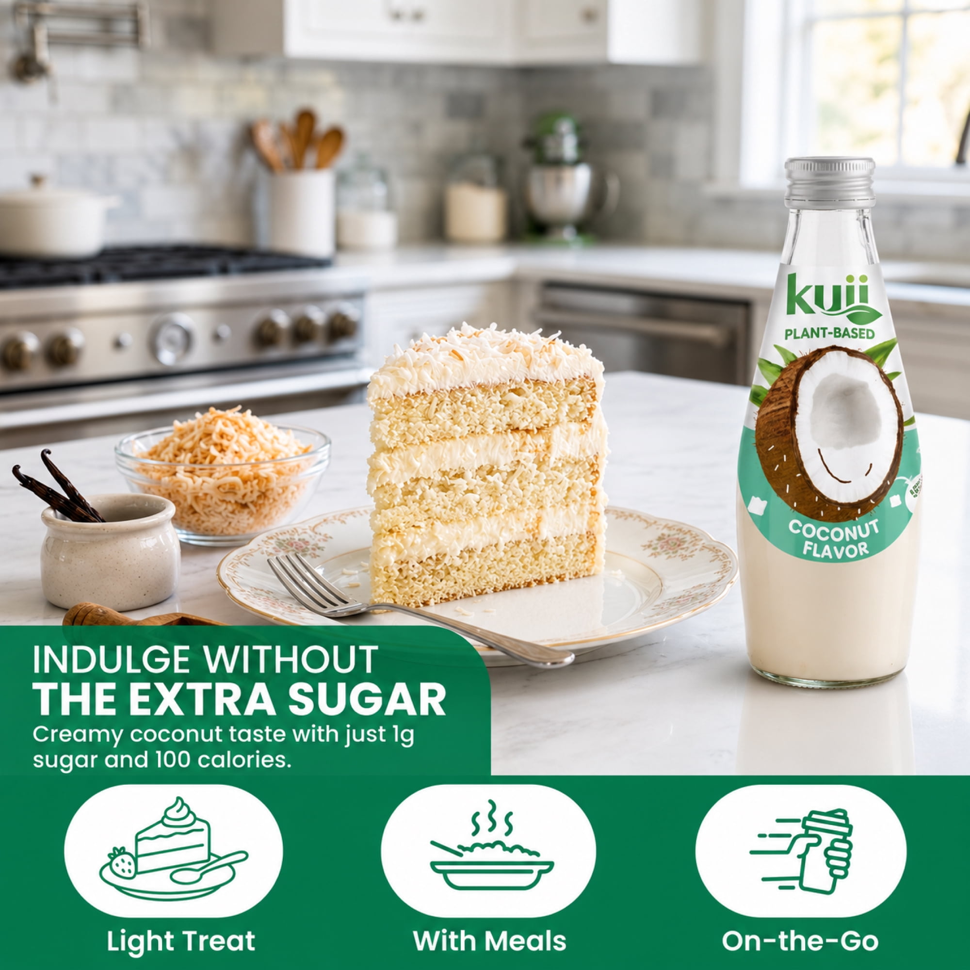 Kuii Drinks Coconut Milk with Nata de Coco, Original - No Sugar Added, 290 mL Single Glass Bottle