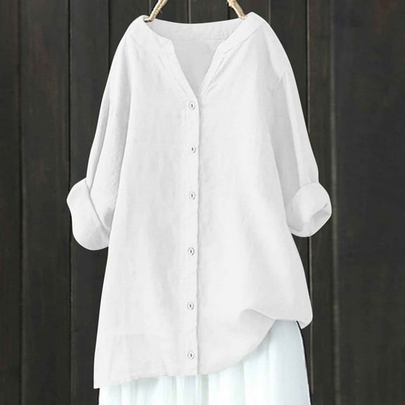 Womens Linen Shirts Button Down Casual Long Sleeve Turndown Collar Blouses Fall Solid Color Basic Beach Cardigans Top Comfortable Cotton Linen Shirt White XL