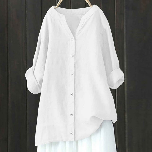 Meichang Plus Size Cotton Linen Shirts for Womens 2025 Roll Up 3/4 Sleeve Tops Comfy Lightweight Button Down Shirts Solid Color Basic Blouses