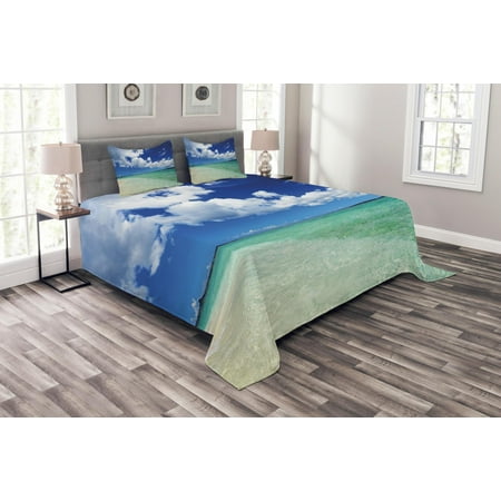 Open Sea Art Ocean Bedspread Set, Island Sea Life Wavy Vivid Open Sunny Sea Shore Sand Beach Art Print Image, Decorative Quilted Coverlet Set with Pillow Shams Included, Bue Teal Cream White, by Ambesonne ()