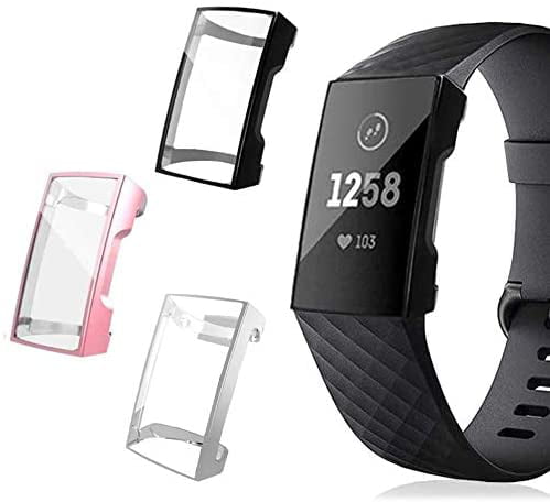 2-Pack Black & Clear Chargeable Protective Case Bumper Flexible TPU Slim Full Protection Shatter-Resistant Shock-proof Screen Case Cover CAVN Compatible with Fitbit Charge 3 Screen Protector Case 