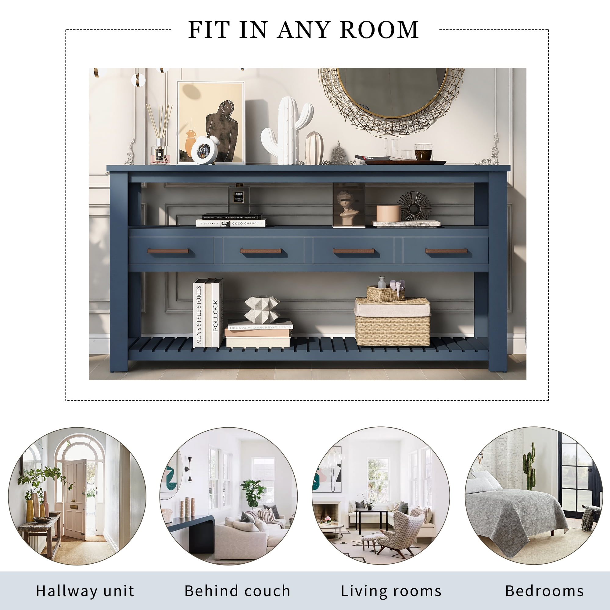 Euroco 61.5" Large Console Table,Modern Wood Entryway Table Sofa Table with 3-Tier Open Shelves & 4 Drawers for Living Room,Hallway,Foyer,Navy Blue