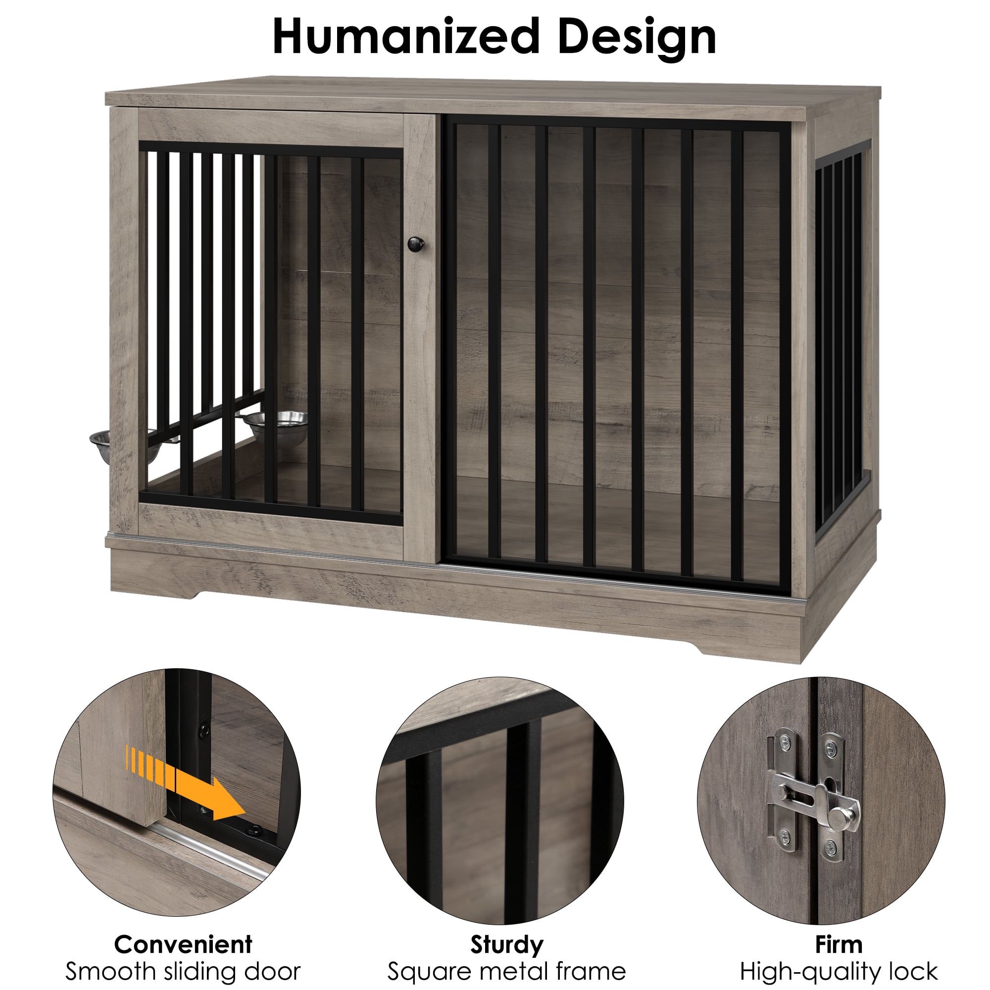 Homfa Dog Crate Furniture, 47.2''W Wooden Indoor Dog Cage Table with Sliding & Lockable Doors, Gray