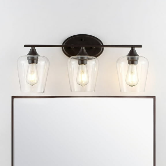 JONATHAN Y Jayne 23" 3-Light Iron/Seeded Glass Cottage Rustic LED Vanity Light, Oil Rubbed Bronze