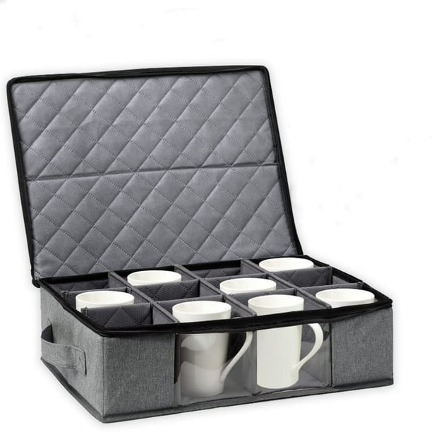 Caja de almacenamiento para tazas de café, contenedores de almacenamiento con capacidad para 12 cristalería, tazas de café y tazas de té, estuche acolchado para vajilla con divisores