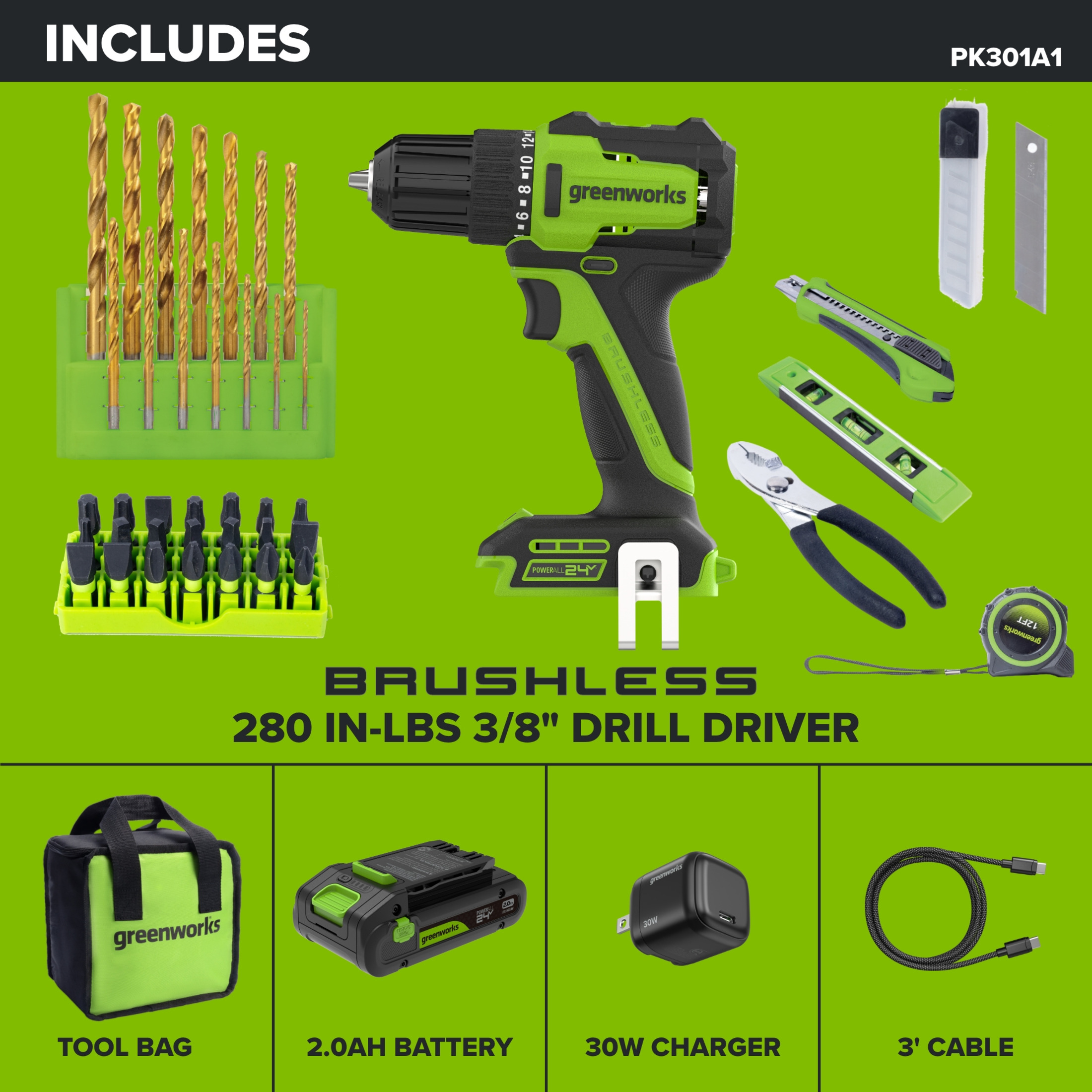 Greenworks PowerAll 24V Drill with 60-Piece Accessory Kit photo 7