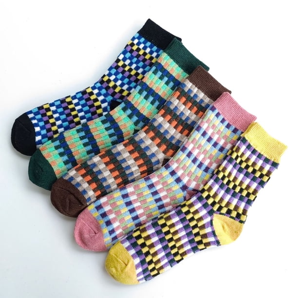 Namzi Paquete de 5 pares de calcetines de lana de punto gruesos, suaves y cálidos para mujer, estilo vintage, ideales para invierno y clima frío. Multicolor-Cuadros.