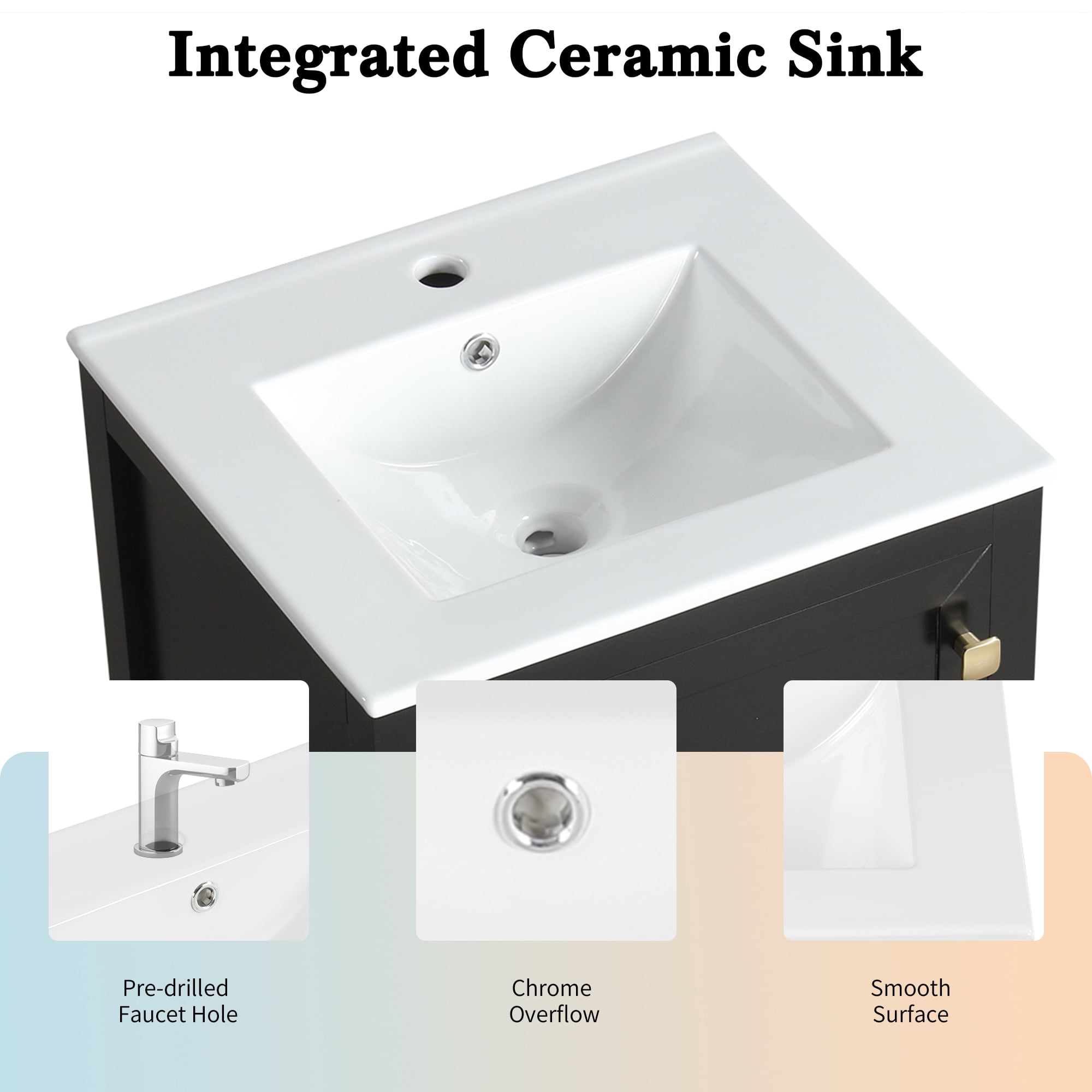 Euroco Bathroom Vanity with Ceramic Sink, Soft-Close Door, Storage Drawer & Door Rack, Painted Solid Wood & MDF, Single Hole Faucet Compatible, Platinum Knobs