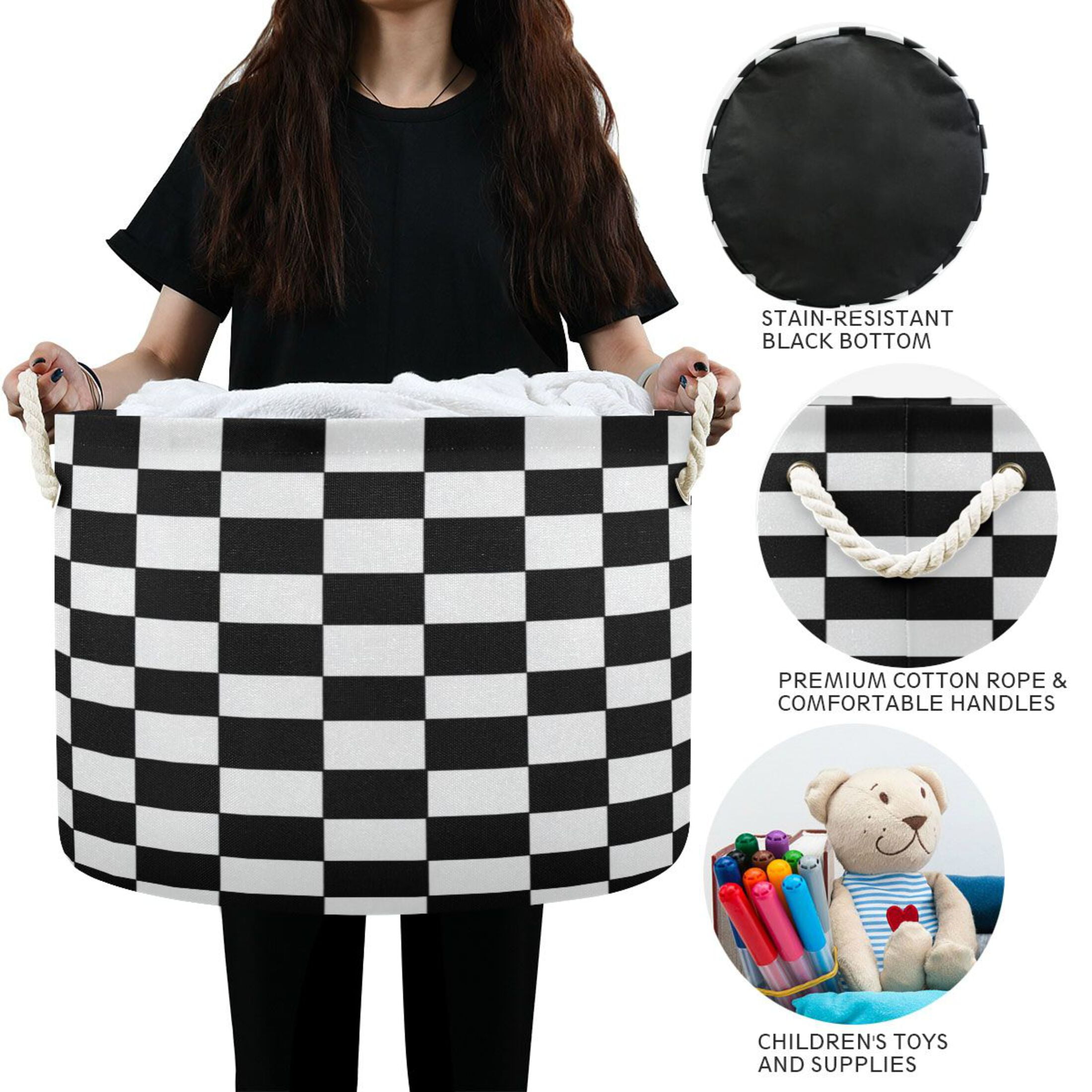RMDQTR Round Toy Storage Basket Foldable Storage Basket for Home Decor Laundry Basket20" x 14" Classic Black-and-white Checkered Pattern