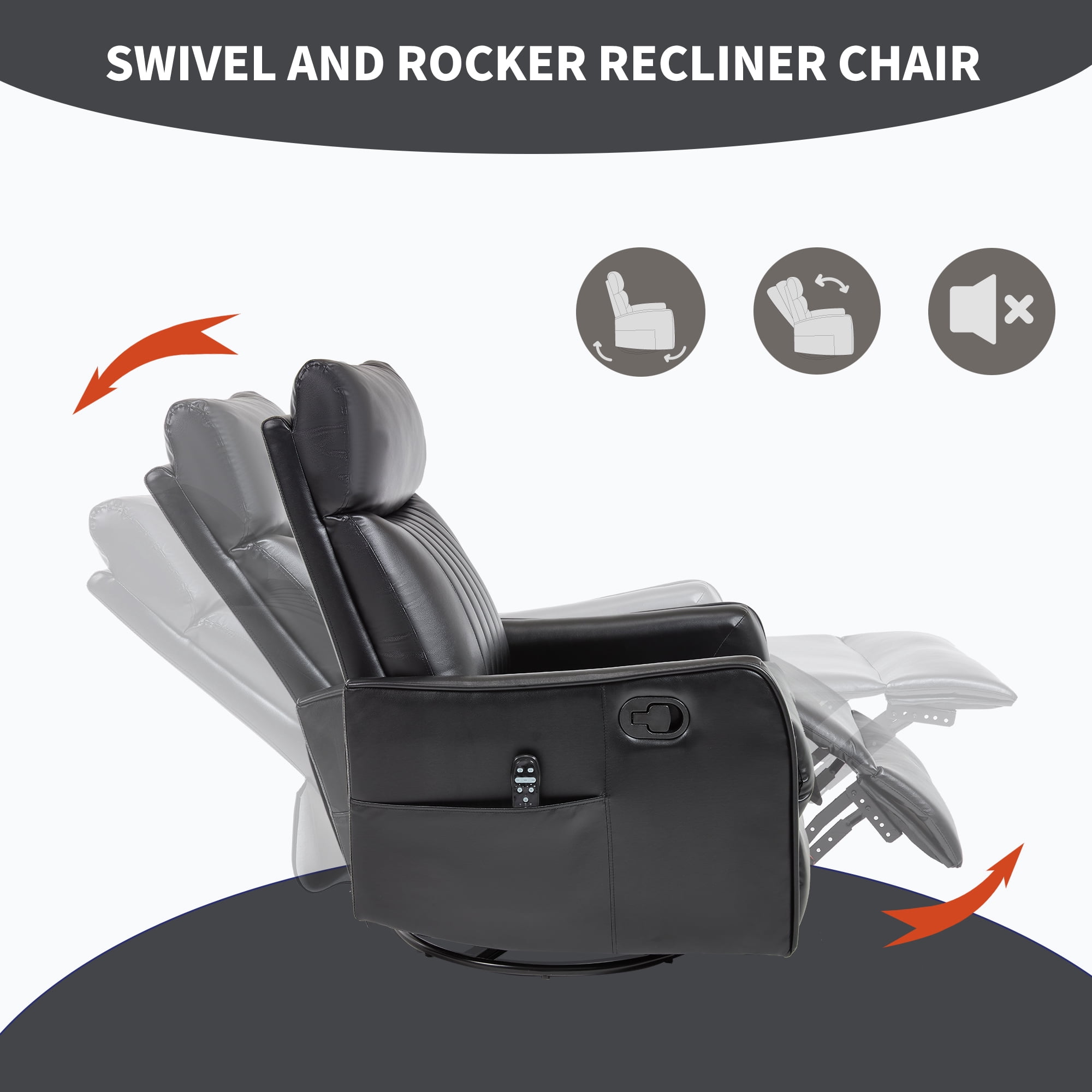 Gewnee 360° Swivel Rocking Recliner with Massage & Heat, Adjustable Reclining Angle, for Living Room & Office，Black