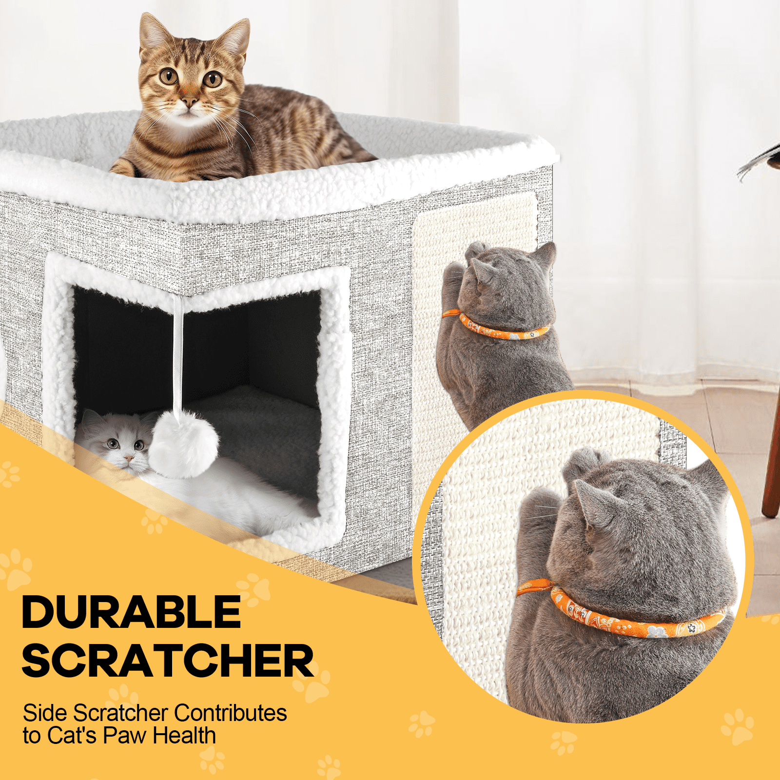 Cat Bed YUWENUS Cat House for Indoor Cats with 2 Cushion, Large Cat Cave with Scratch Pad and Fluffy Ball Hanging, Light Gray