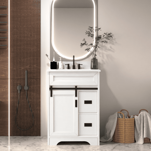 24" Bathroom Vanity with Single Sink Combo, Farmhouse Undermount Bathroom Sink Cabinet with Sliding Barn Doors and 2 Drawers, Freestanding Bathroom Vanities,White