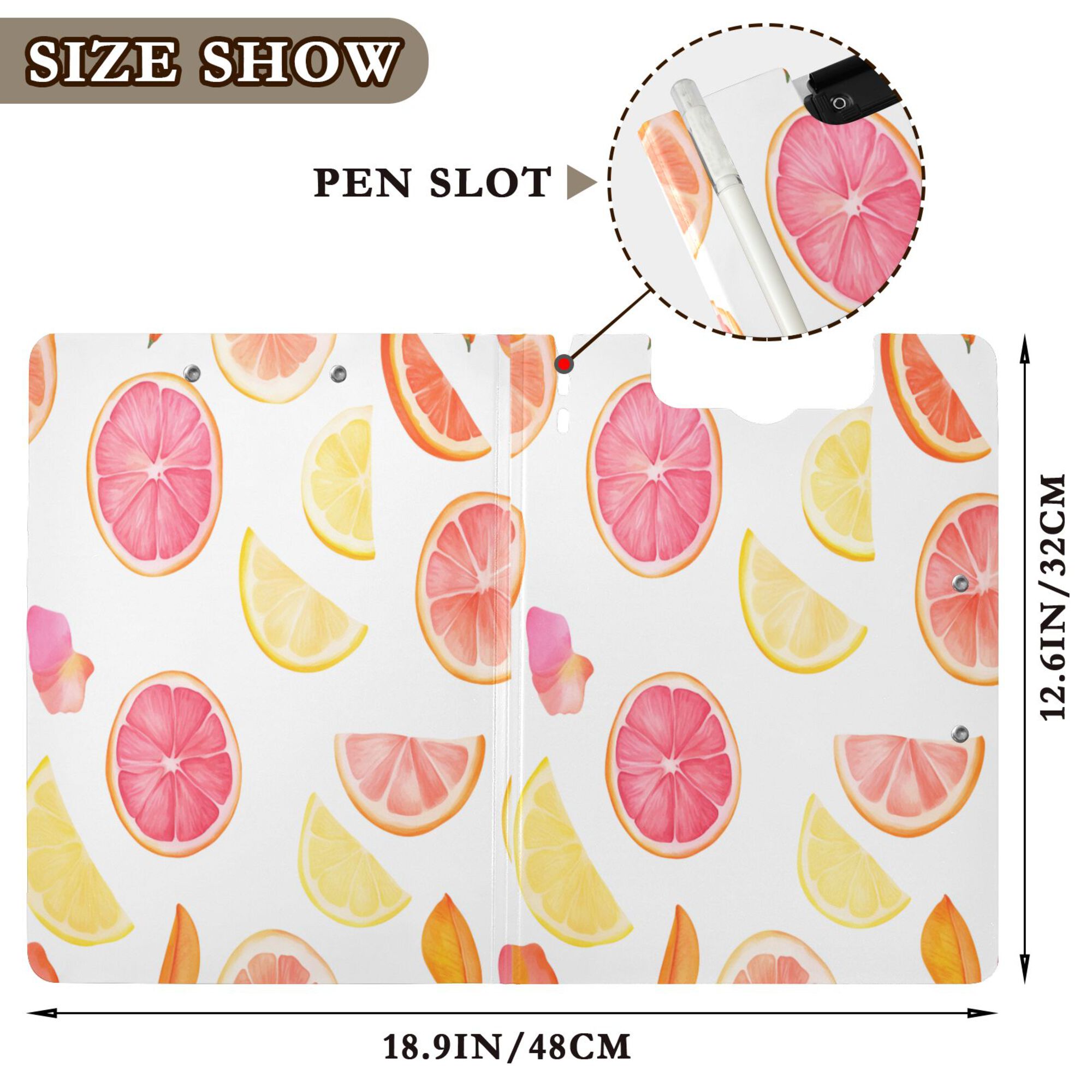 FORMRS A4 Clipboard Folder with Pen Holder Horizontal Foldable School Office Binder, White Grapefruit Slices