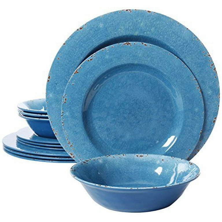 Studio California Mauna 12 Piece Melamine Dinnerware Set in Blue Crackle Look Decal