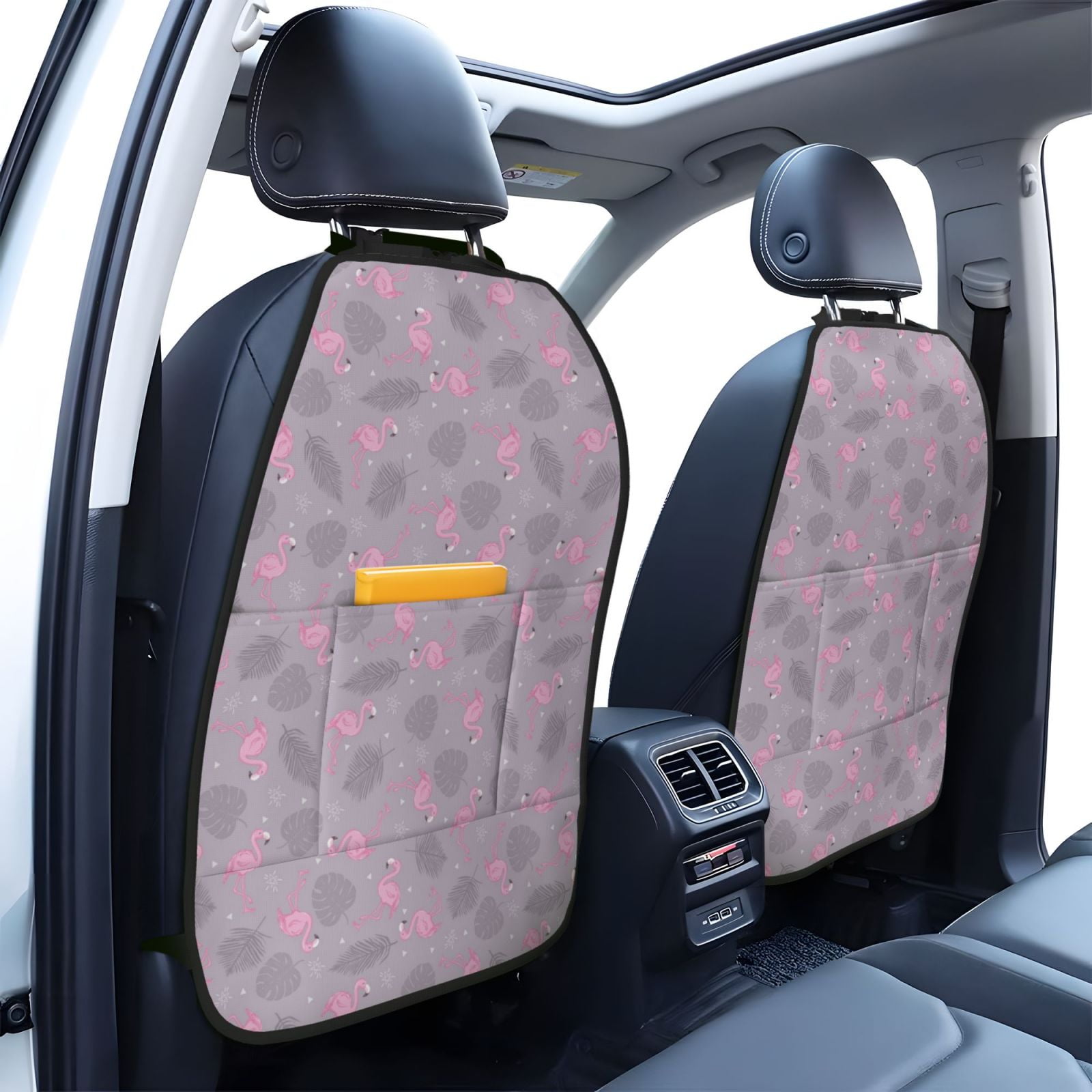 Kdxio Flamingo Print 2 Pack Car Kick Mat Seat Cover Back Protector Mat with Pockets for Organizer Backseat Protector and Storage Anti Kick Pad for Vehicles