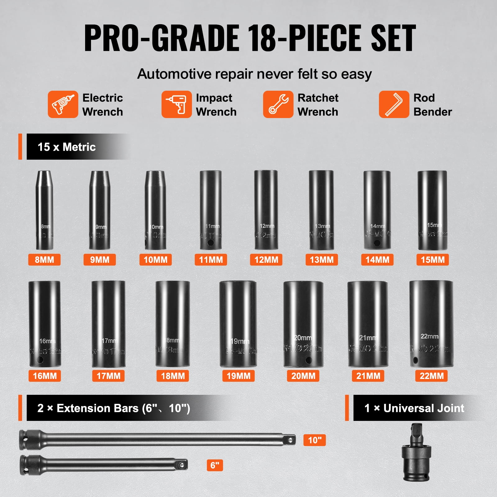 VEVOR Drive Impact Socket Set 3/8" - 18 Piece Deep Socket Set Metric 8-22mm - 6 Point CR-V Alloy Steel for Auto Repair - Easy-to-Read Size Markings - Rugged Construction Includes Storage Case
