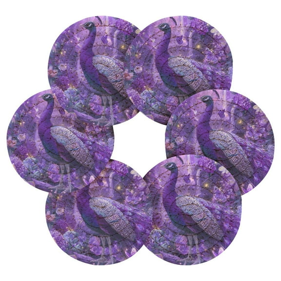Round Placemats Set of 6 Heat Resistant Washable Kitchen Table Decorations 15.4in Beautiful Purple Peacock