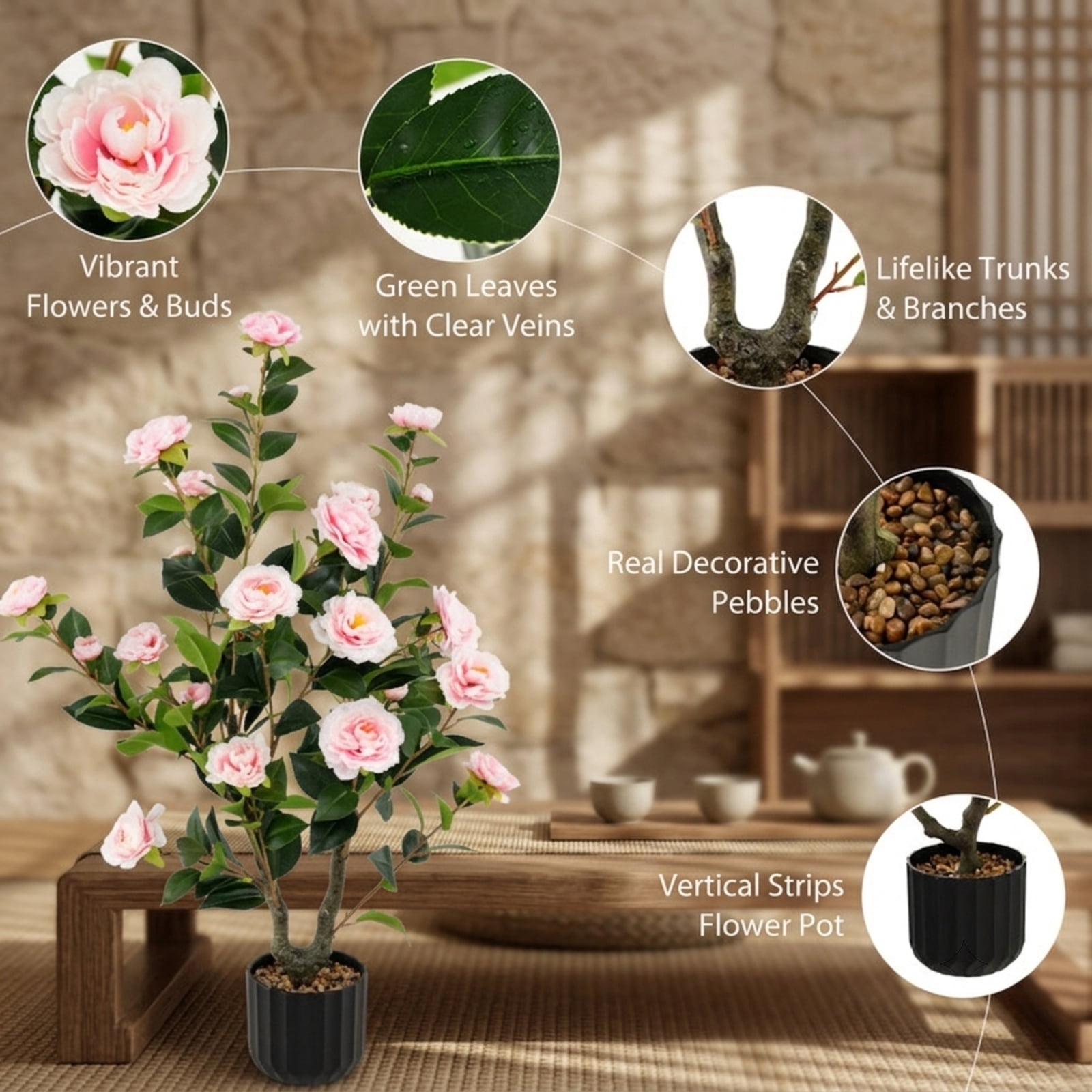 Vebreda Artificial Plant Decor, 38 Inch Artificial Camellia Tree Faux Flower Plant in Cement Pot, Gorgeous and Vivid Appearance