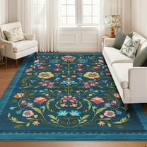 Garvee 9'x12' Floral Printed Area Rug Vintage Soft Rug, Washable Low Pile Rug Stain Resistant Farmhouse Indoor Carpets with Non Slip Backing for Living Room Bedroom Playroom, Blue