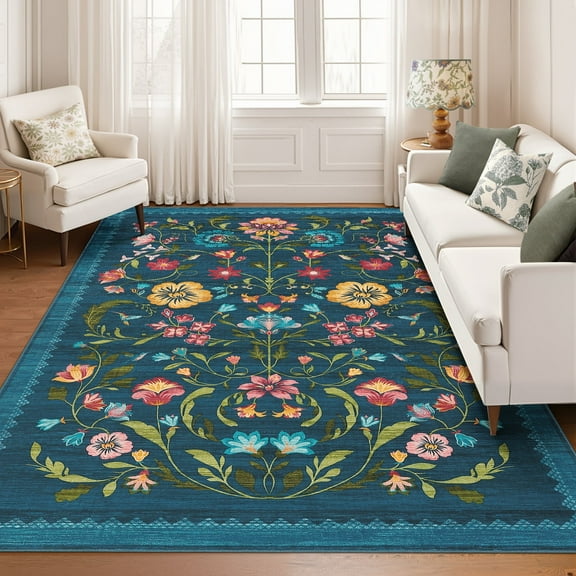 Garvee 9'x12' Floral Printed Area Rug Vintage Soft Rug, Washable Low Pile Rug Stain Resistant Farmhouse Indoor Carpets with Non Slip Backing for Living Room Bedroom Playroom, Blue