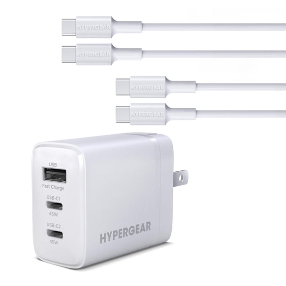 HyperGear Basics | 45W USB-C PD PPS Tri-Port GaN Fast Wall Charger | 3ft  6ft USB-C Cables | White