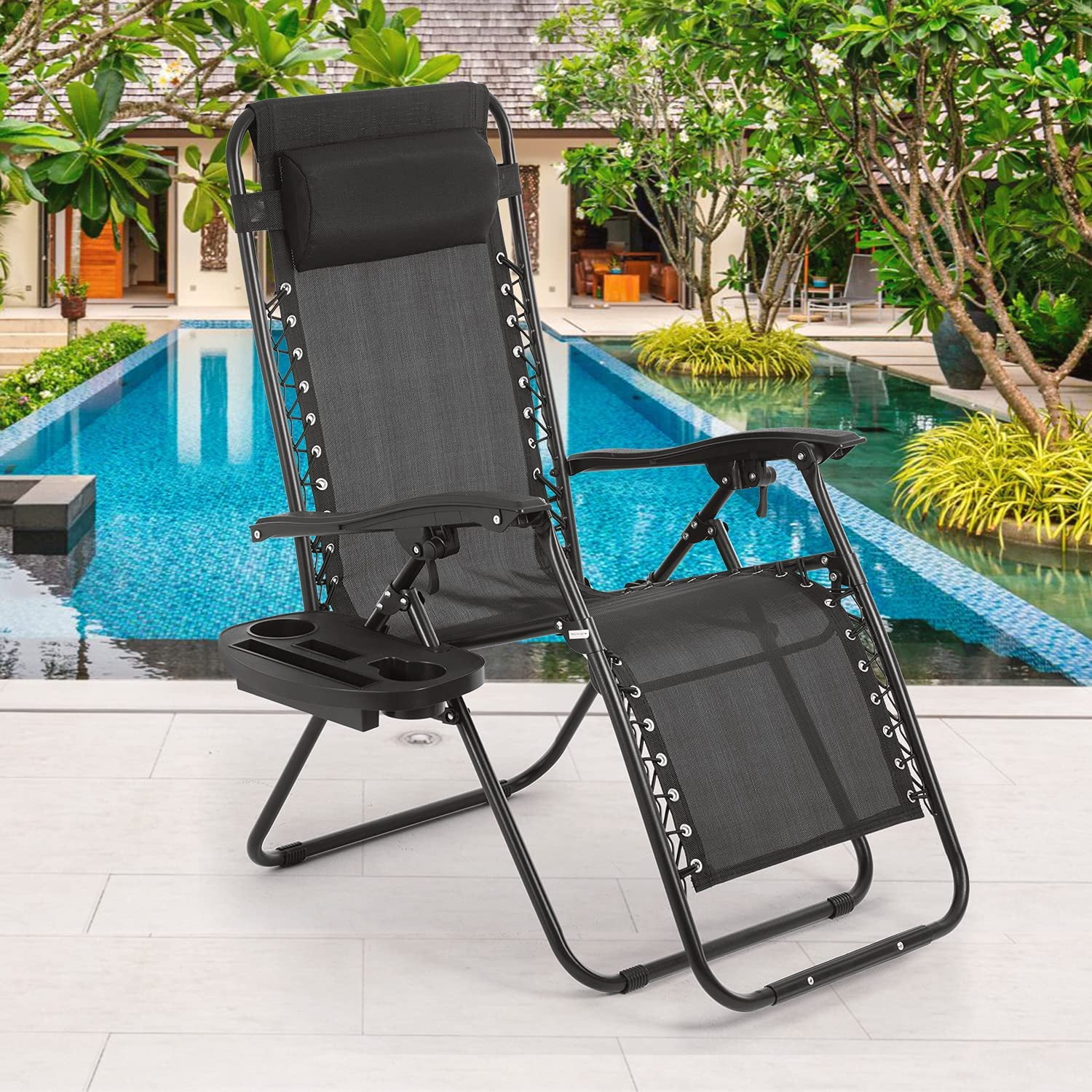 Color : with pad Oversize Black Zero Gravity Chair for Heavy Duty People Patio Reclining Can Lay Flat Lounge Chair for Beach Camping 