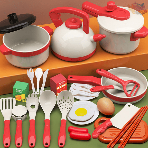 Kids Pretend Kitchen Cookware Playset with Kettle, Pots, Pans, Cooking Utensils and Simulation Food Accessories, Cooking Pretend Play House Toys, Home Chef Role Play Toy for Kids Ages 3 and Up