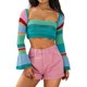 thumbnail image 1 of SAYOO Tops Cortos de Punto para Mujer, Camisa de Patchwork de Punto de Ganchillo de Manga Larga Acampanada con Cordón en la Espalda Streetwear SAYOO  casual, 1 of 8
