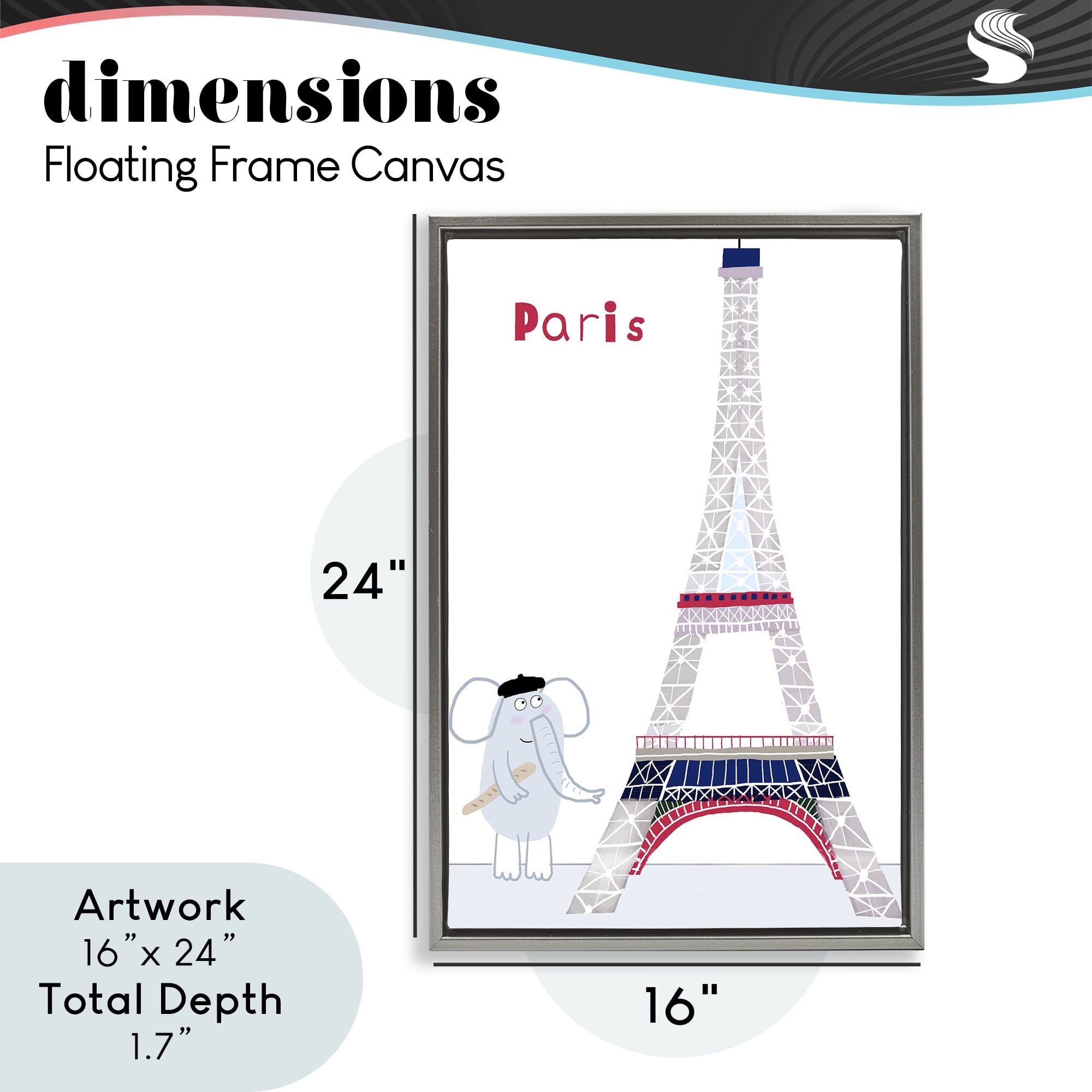 Elephant & Eiffel Tower Gray Framed Floater Canvas Wall Art, design by Carla Daly