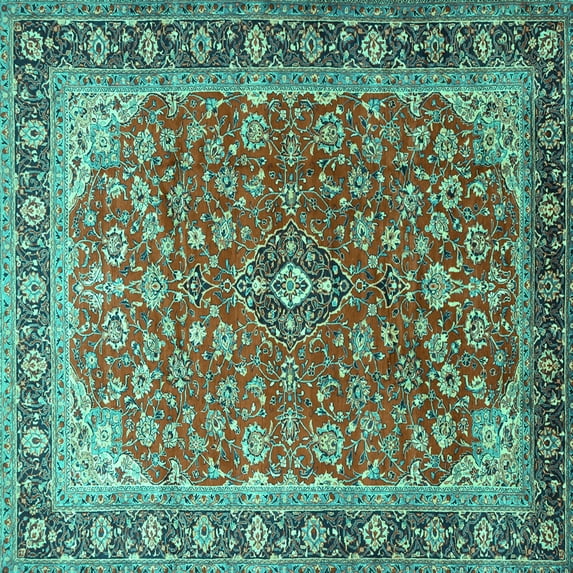 Ahgly Company Machine Washable Indoor Square Medallion Turquoise Blue Traditional Area Rugs, 5' Square