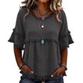 thumbnail image 2 of Linen Shirts for Women Summer Gauze Shirts 3/4 Length Sleeve Frayed Crew Neck Henley Shirt Boho Tunic Blouse Gray 3XL, 2 of 6